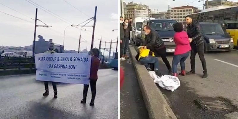 Sırbistan’da ücretleri ödenmeyen ve sınır dışı edilmek istenen işçilerle dayanışmak için Galata Köprüsü’nde eylem